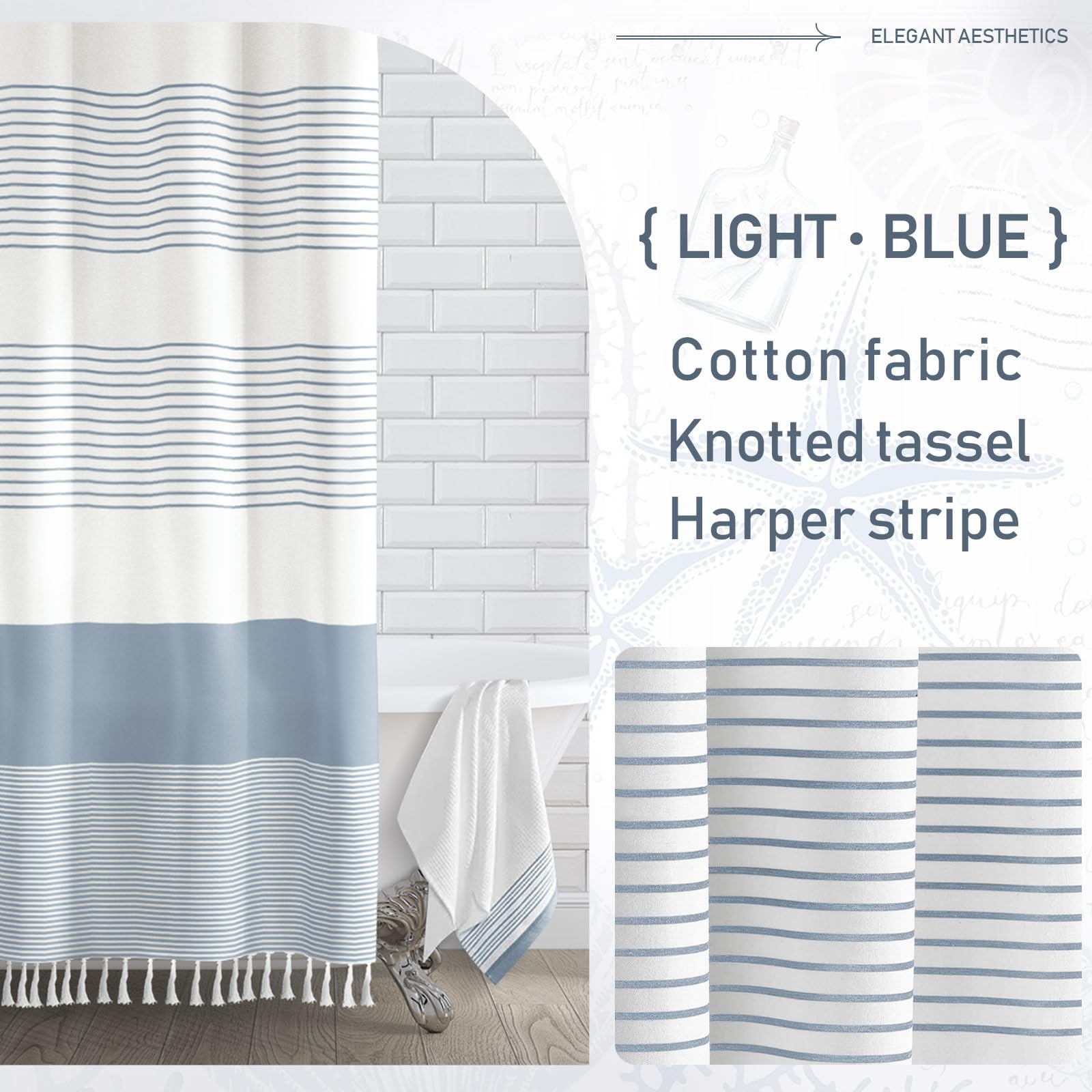 Awellife Blue Shower Curtain Beach Ocean Coastal Nautical Shower Curtain For Bathroom Stripe Tassel Shower Curtain 72 X 72 Inches Cotton Linen