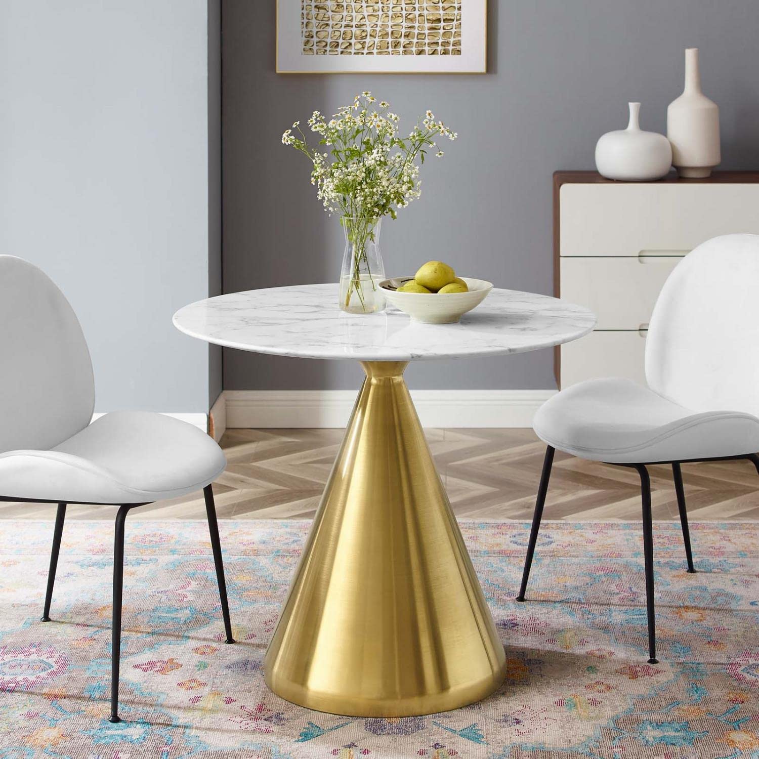 Modway Tupelo Round Artificial Marble 36&quot; Dining Table in Gold White