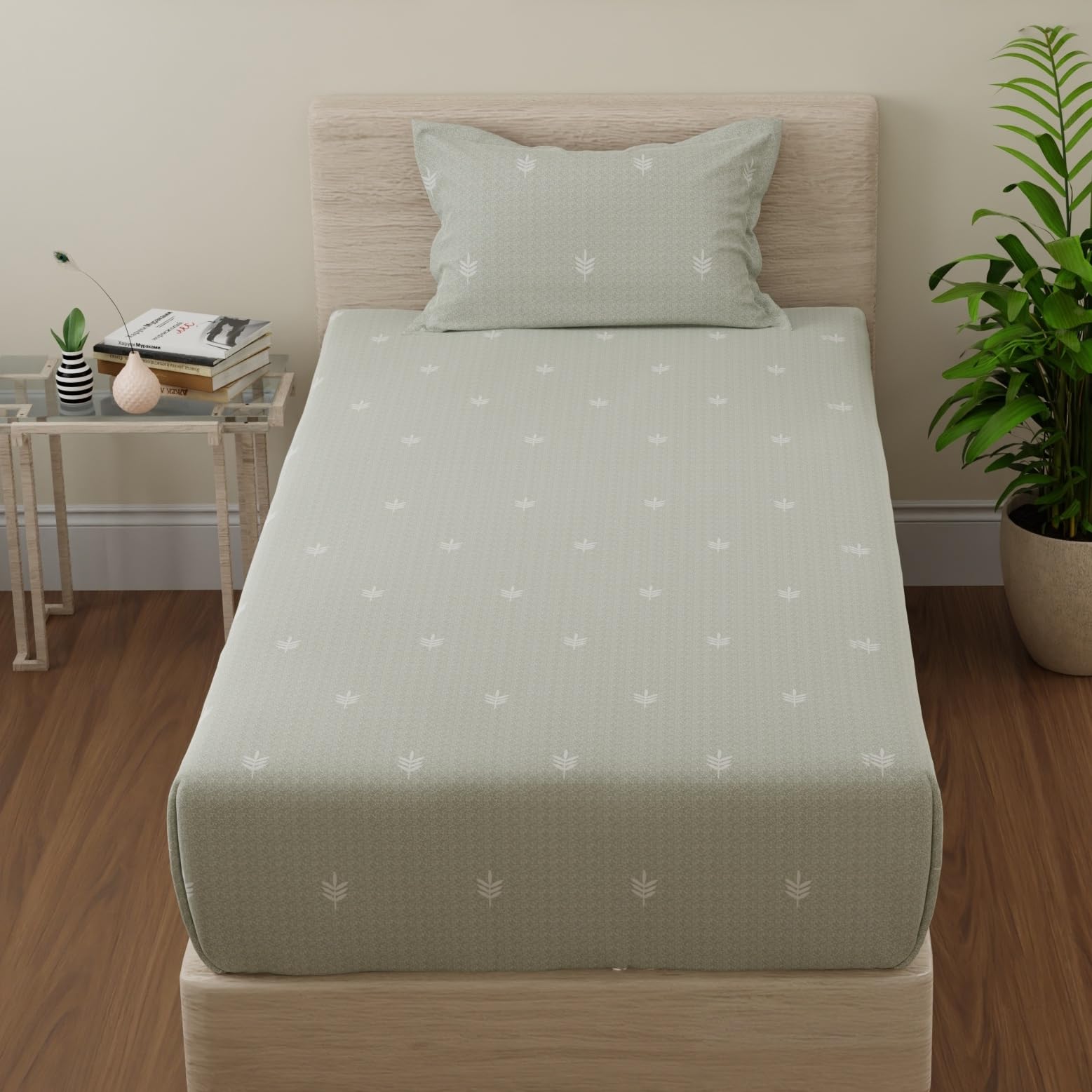 Huesland By Ahmedabad Cotton 144 Tc Single Bed Bedsheet Cotton With 1 Pillow Cover | Sage Green & White