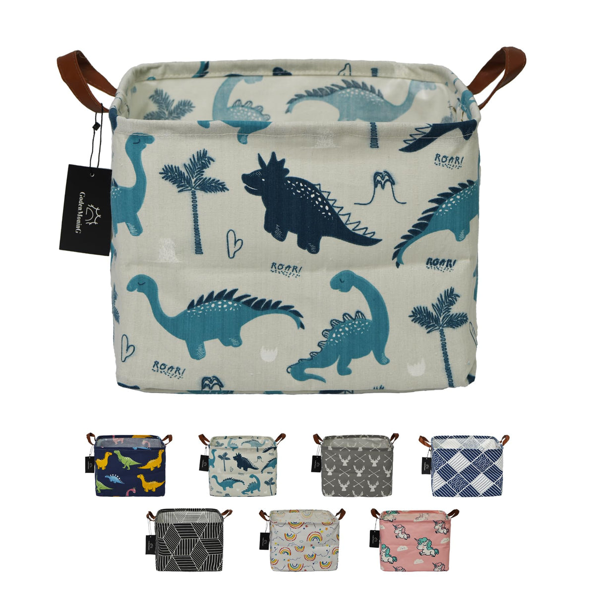 Godenmoning Rectangular Storage Basket 25L Waterproof Canvas Bin With Handles, Collapsible Toy Organizer, Closet Shelf Baskets, Children Nursery Hamper.(F-White Ground Dinosaur)