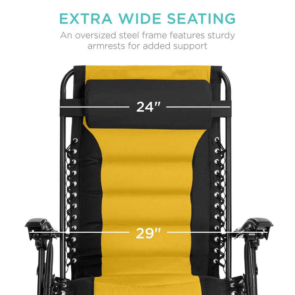 Best Choice Products Oversized Padded Zero Gravity Chair, Folding Outdoor Patio Recliner, Xl Anti Gravity Lounger For Backyard W/Headrest, Cup Holder, Side Tray, Polyester Mesh - Black/Yellow