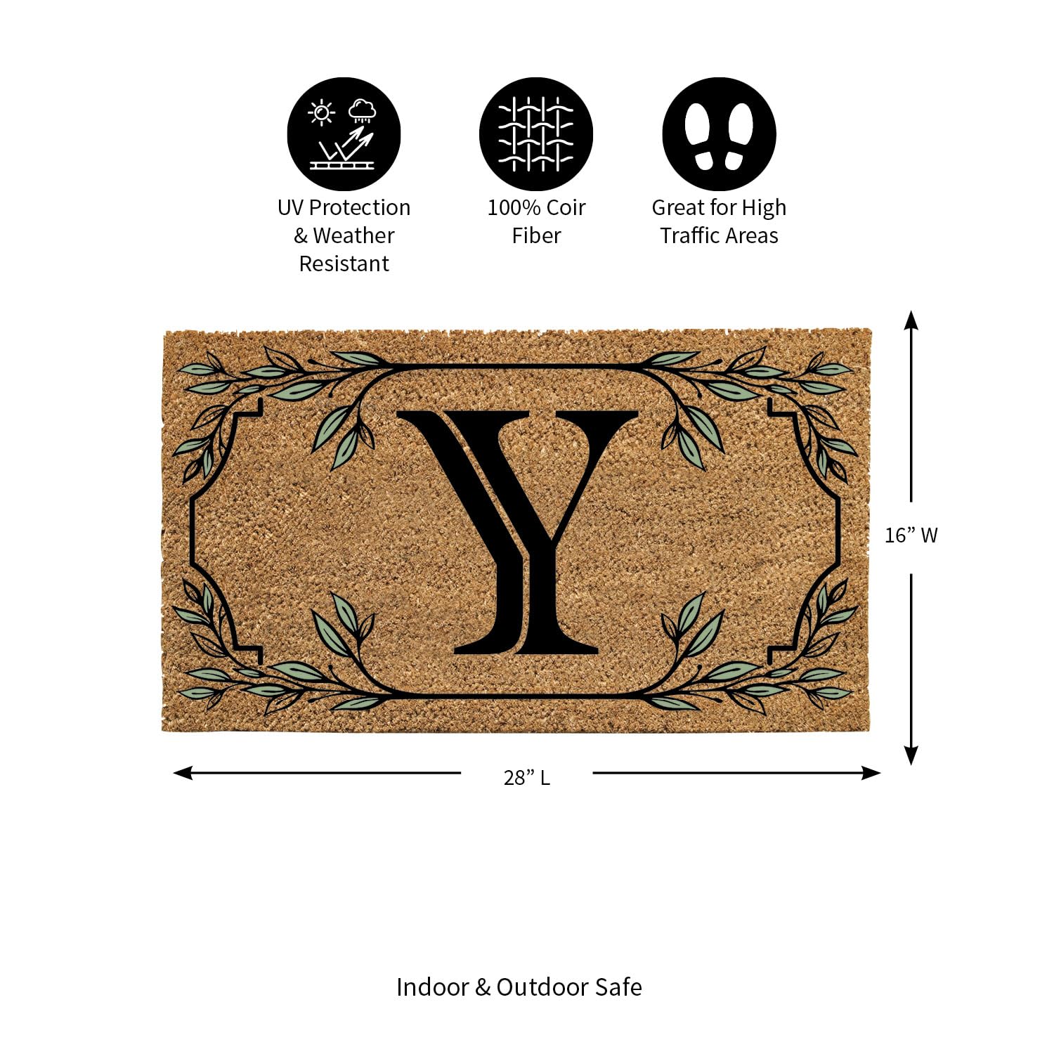 Evergreen Monogram Coir Doormat | Letter Y | Front Door Mat For Outdoor Indoor Entrance | 28X16 Inches | Non-Slip Backing Doorwa