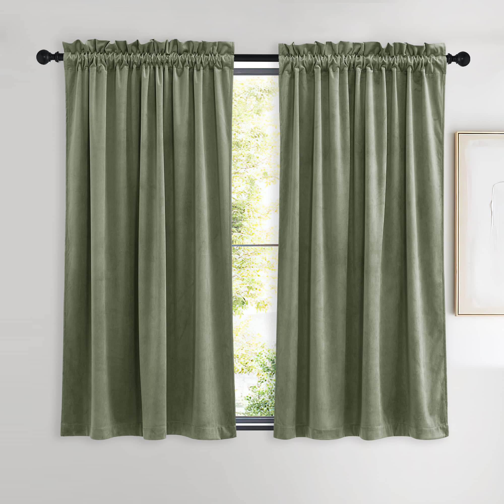 Nicetown Sage Green Velvet Curtains 54 Inches Long 2 Panels For Small Window, Elegant And Sleek Velvet Drapes For Cinema, Hall,