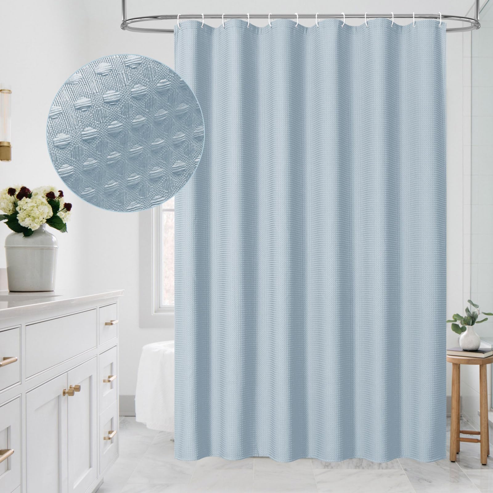Mitovilla Blue Waffle Fabric Shower Curtain, Light Blue Waffle Weave Textured Shower Curtains For Modern Luxury Bathroom Decor,
