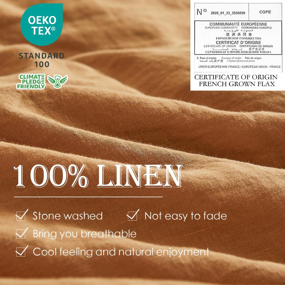Simple&Opulence 100% Linen Duvet Cover Set 3Pcs Basic Style Natural French Washed Flax Solid Color Soft Breathable Farmhouse Bedding With Button Closure - Rust, King