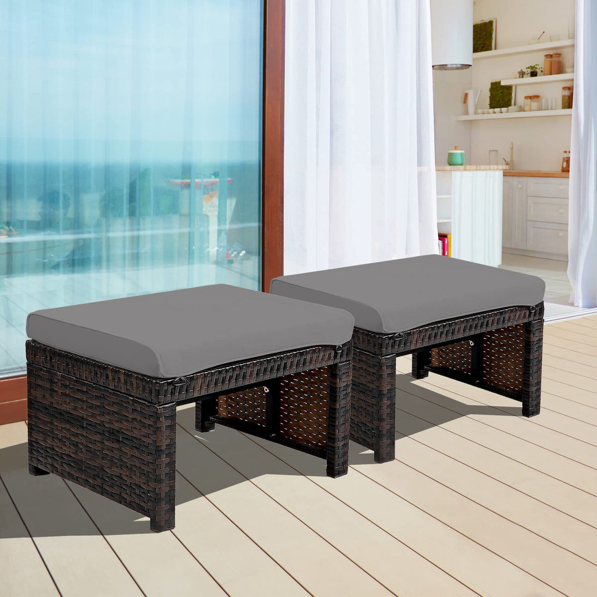 Oralner Outdoor Ottoman, Set Of 2 Wicker Footstools, All-Weather Rattan Foot Stools W/Removable Cushions, Patio Footrest Extra Seating For Porch, Poolside, Garden, Deck, Easy Assembly (Gray)