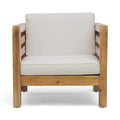 Louise Outdoor Acacia Wood Club Chair with Cushion, Teak Finish and Beige