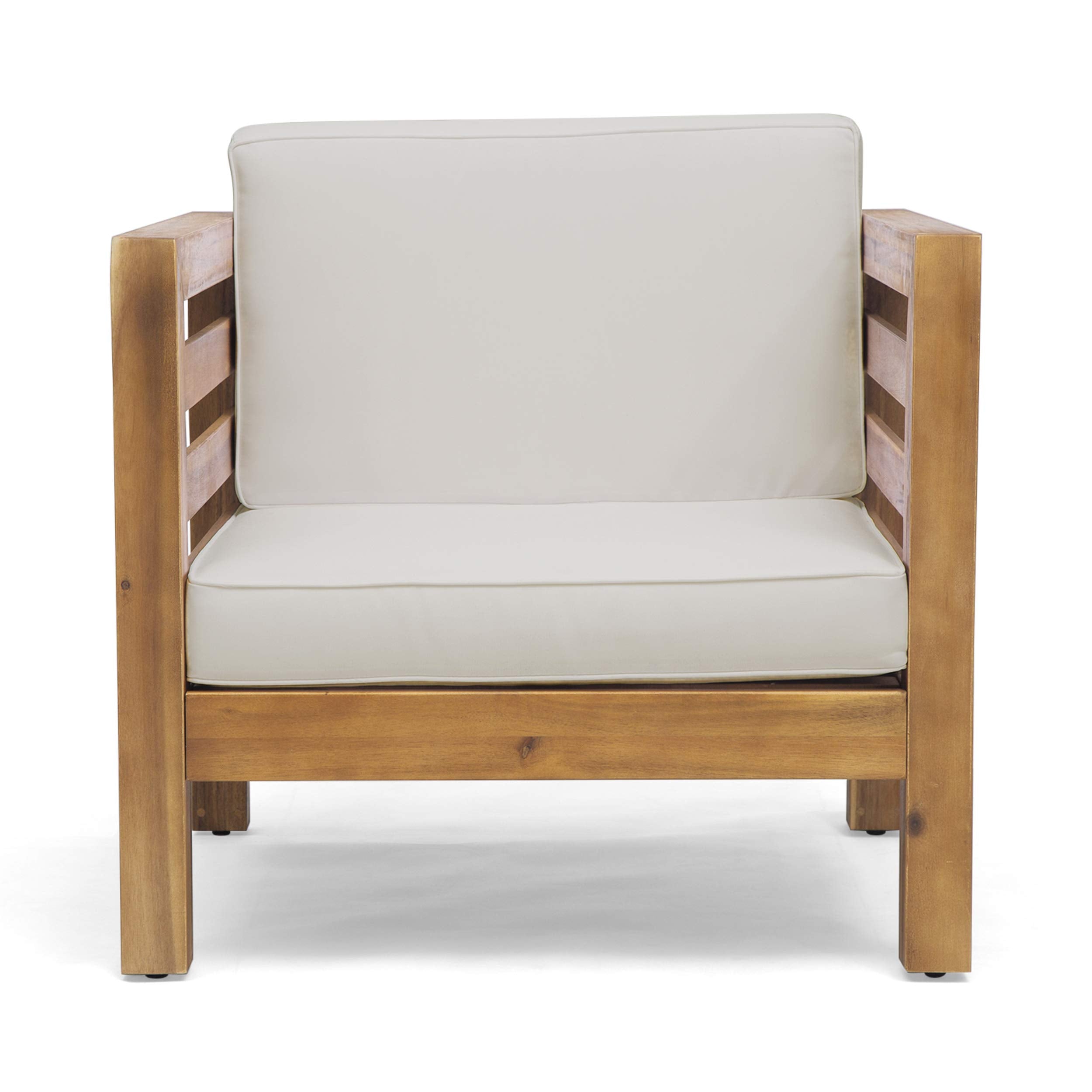Louise Outdoor Acacia Wood Club Chair with Cushion, Teak Finish and Beige