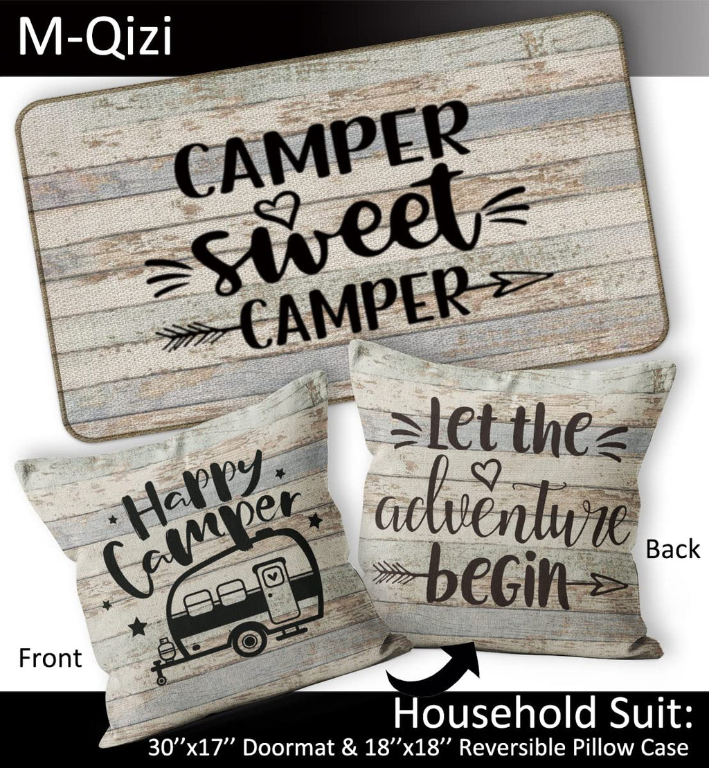 Camper Sweet Camper Decorative Doormat 17   X30   ,Happy Camper Let The Adventure Begin Reversible Throw Pillowcase 18   X18   ,