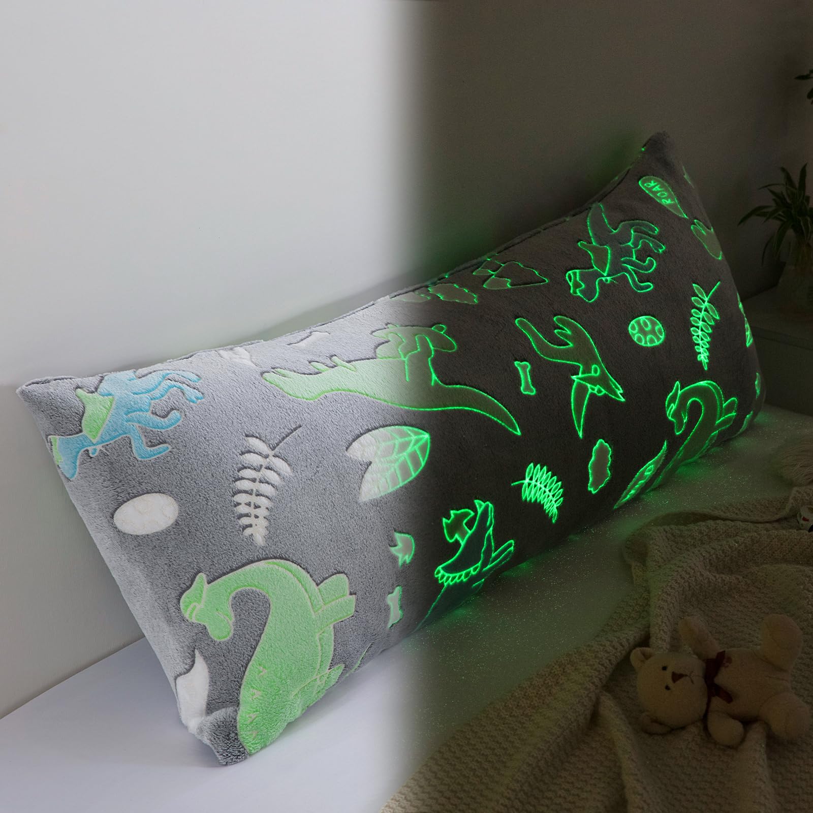 Hombys Glow In The Dark Body Pillow Cover, Soft Velvet Fluffy Bed Pillow Case, Fuzzy Long Pillowcase For Kids Boys Childern, Plu