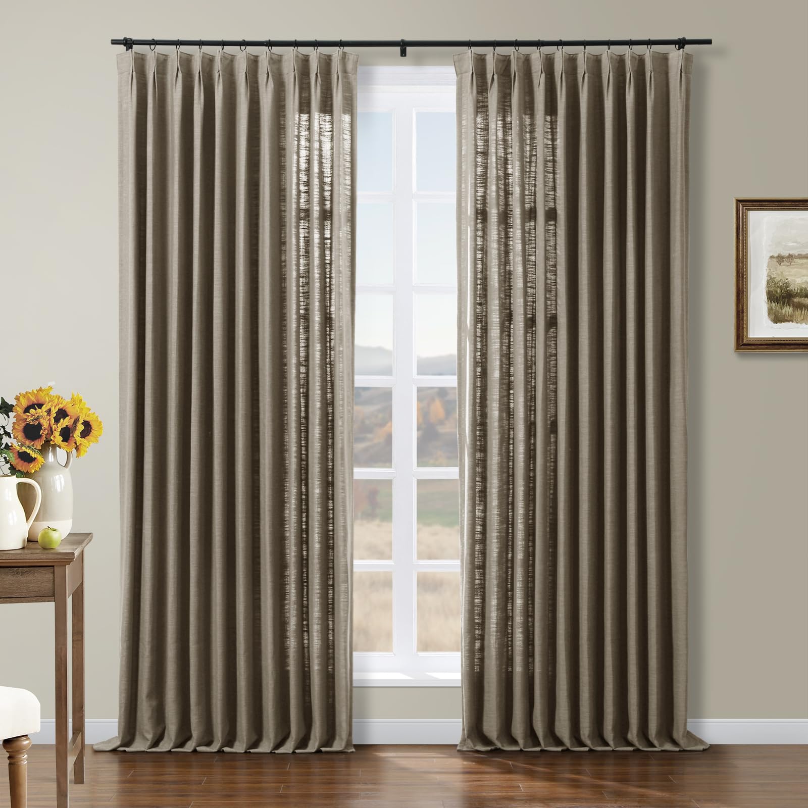 Twopages Dim Grey Pinch Pleated Drape 96 Inch Length Linen Light Filtering Room Darkening Curtain For Bedroom, Double Layer Line