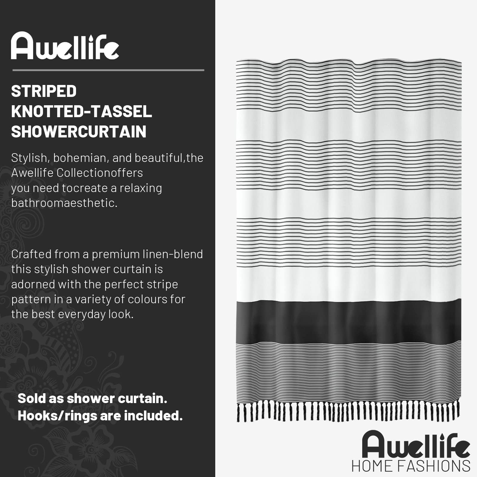 Awellife Boho Black And White Shower Curtain For Bathroom Extra Long Stripe Tassel Shower Curtain 72 X 84 Inches Farmhouse Linen