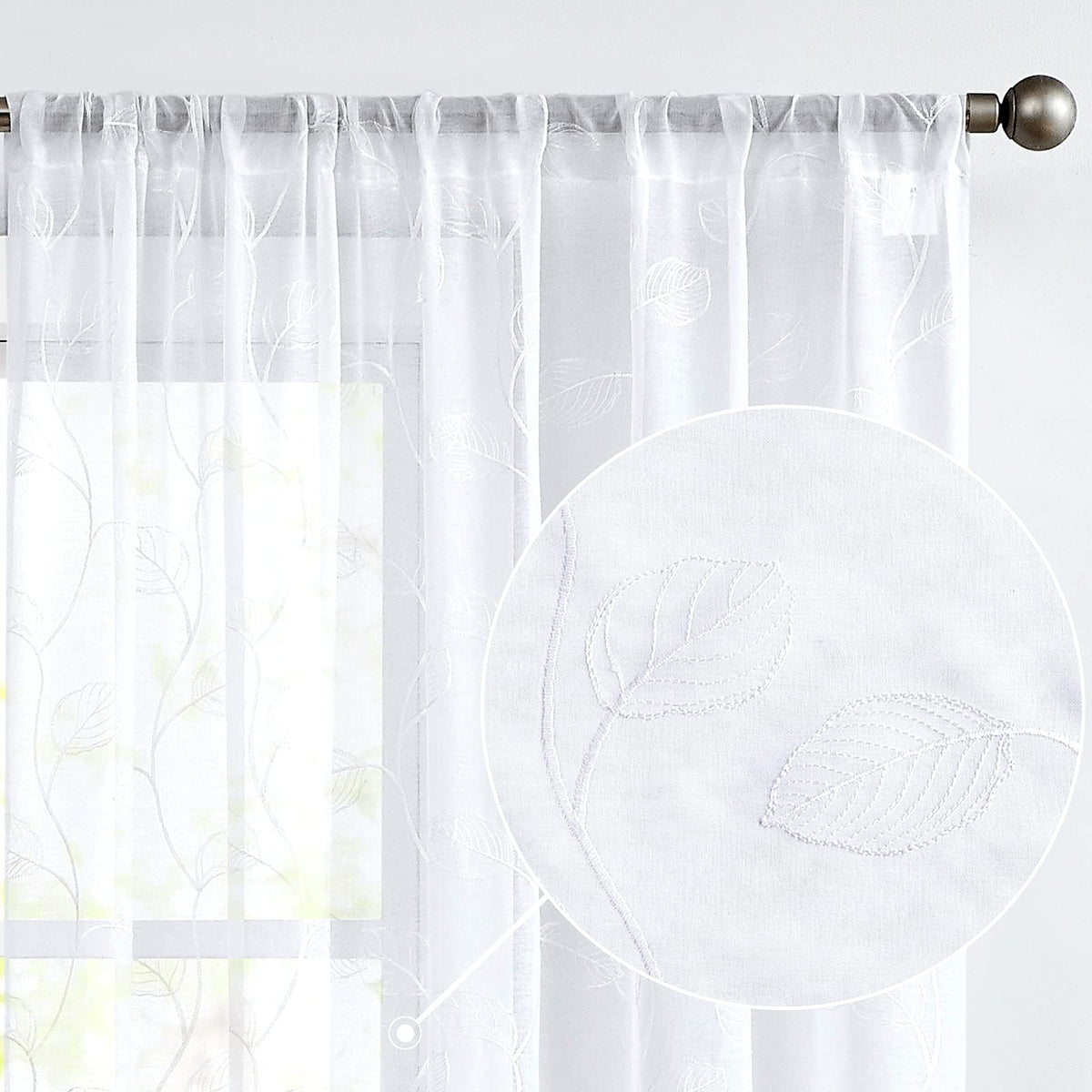 Lazzzy White Sheer Curtains Leaf Embroidered 84 Inch Long For Living Room Bedroom Rod Pocket Voile Window Drapes 2 Panels
