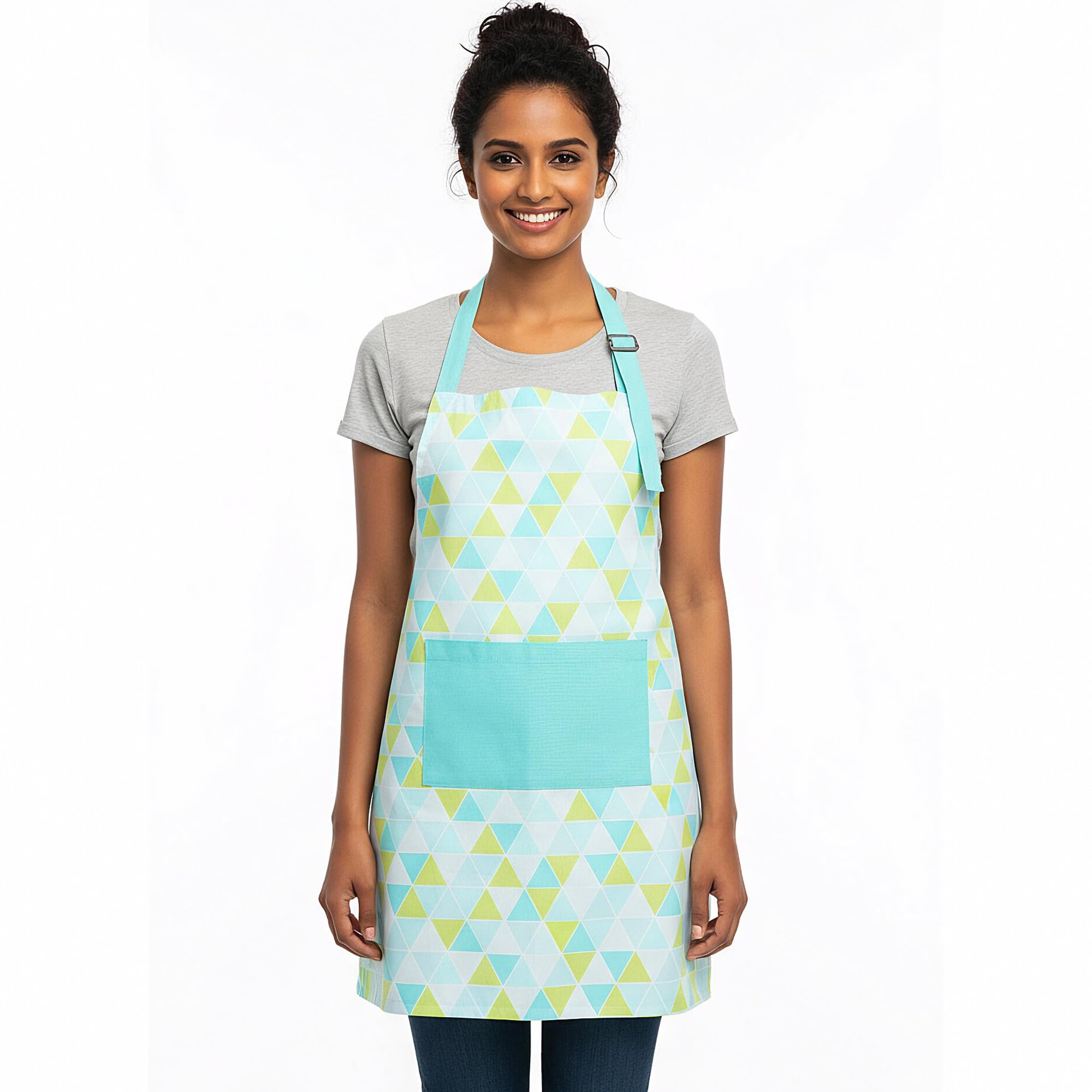 Encasa Xo Cotton Kitchen Apron  Adjustable Straps & Front Centre Large Pocket  Stain Resistant  Triangles Aqua  64X86 Cm Fo