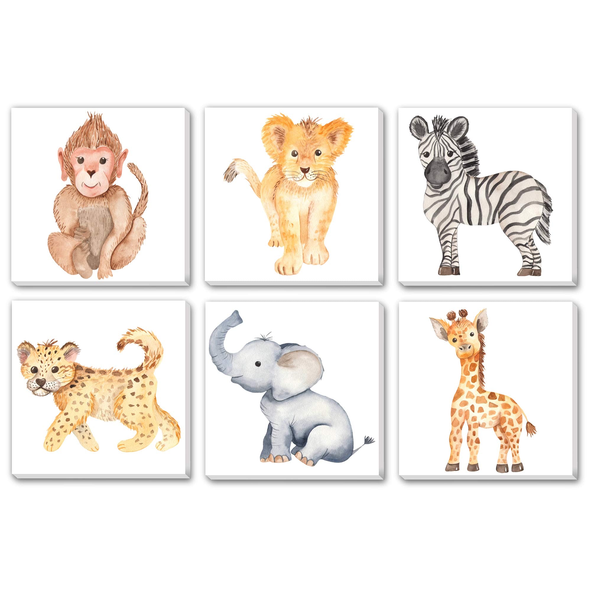 TEXTURE OF DREAMS Watercolor Cute Baby Africa Jungle Animals Print on Canvas Wall Art, Lion Monkey Elephant Giraffe Leopard Zebr
