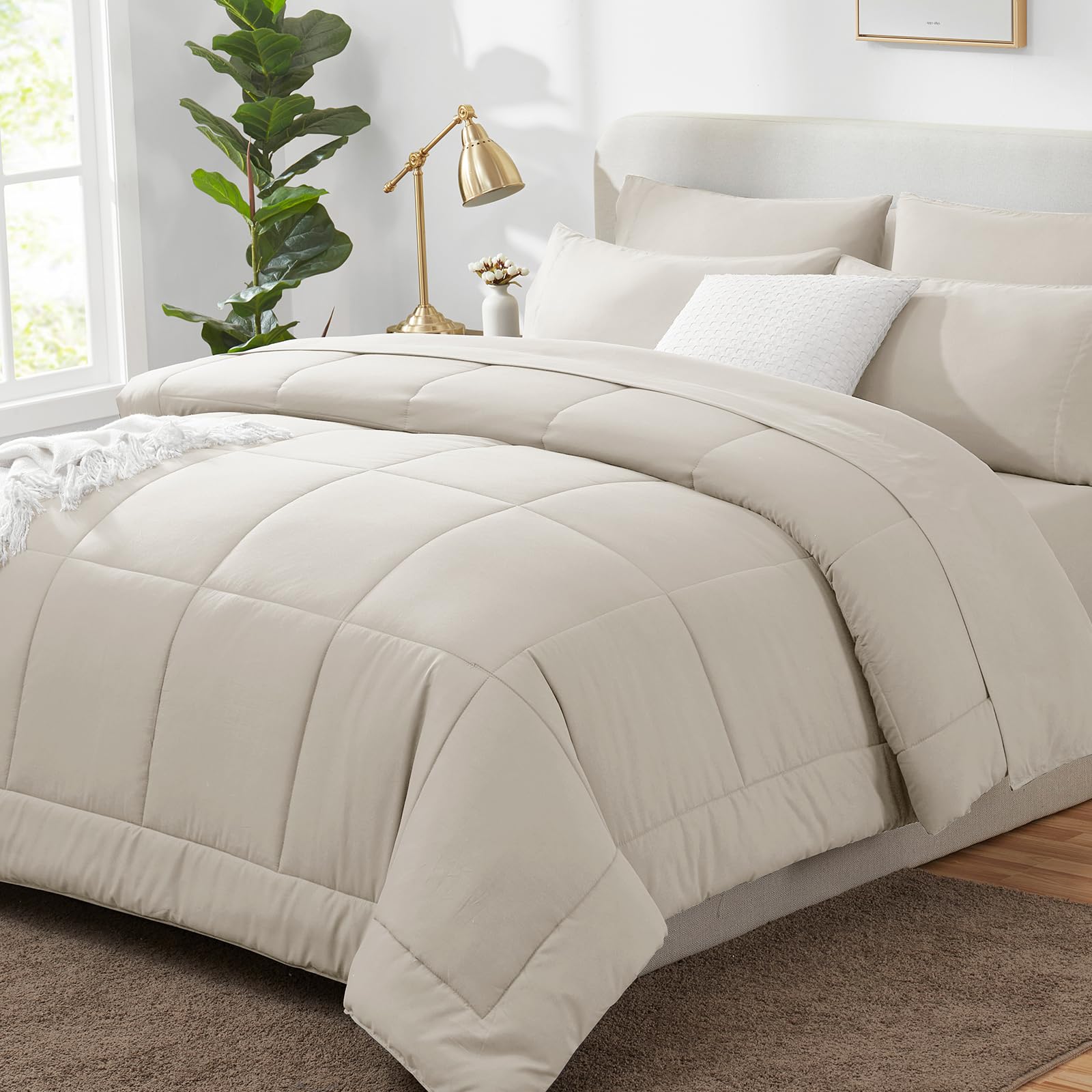 Cozylux King Size Comforter Sets - 7 Pieces Bed In A Bag Set Beige, Bedding Sets King With All Season Quilted Comforter, Flat Sh