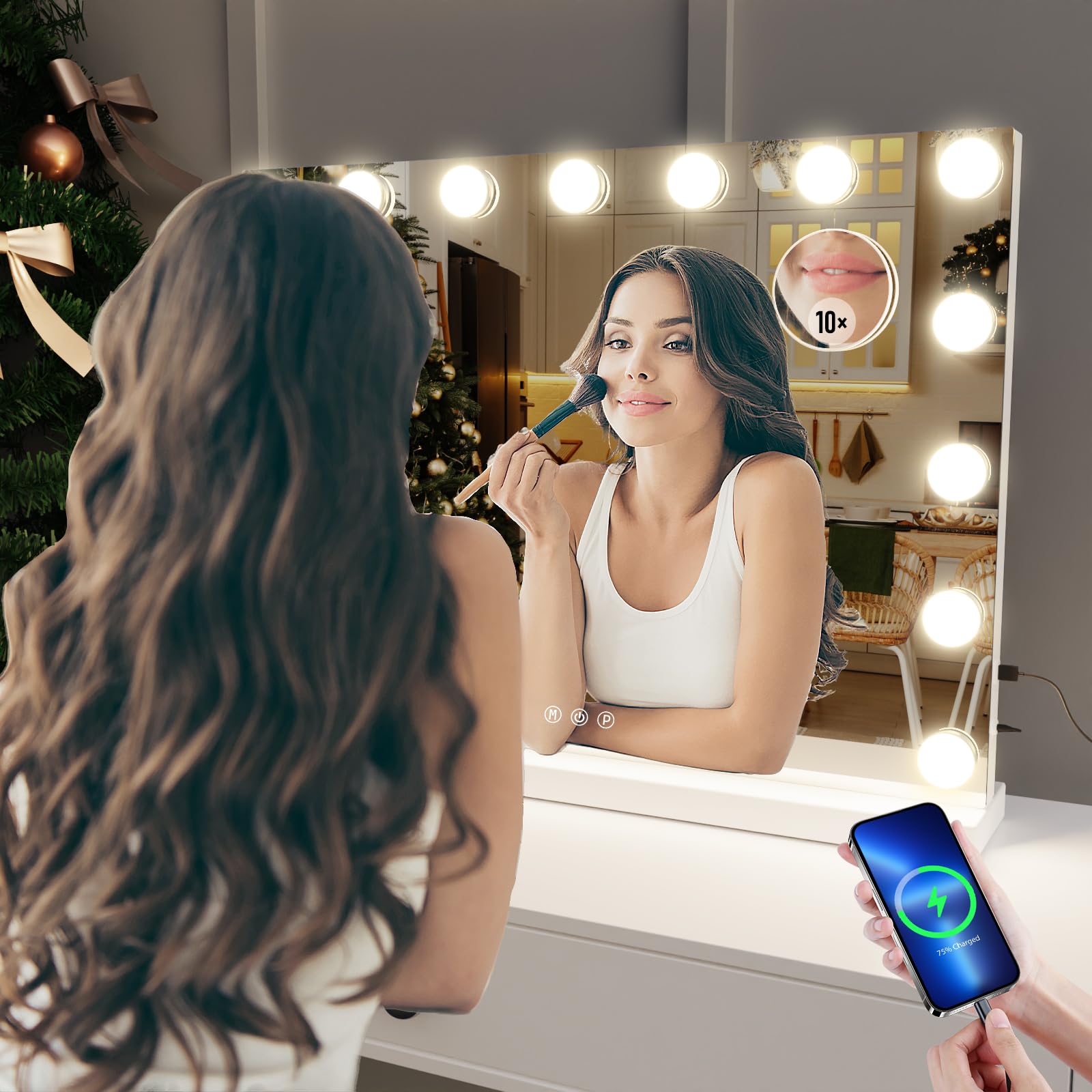 Gvnkvn 22.8 X 18.2 Vanity Makeup Mirror With Lights, 10X Magnification,Large Hollywood Lighted Vanity Mirror With 15 Dimmable Le