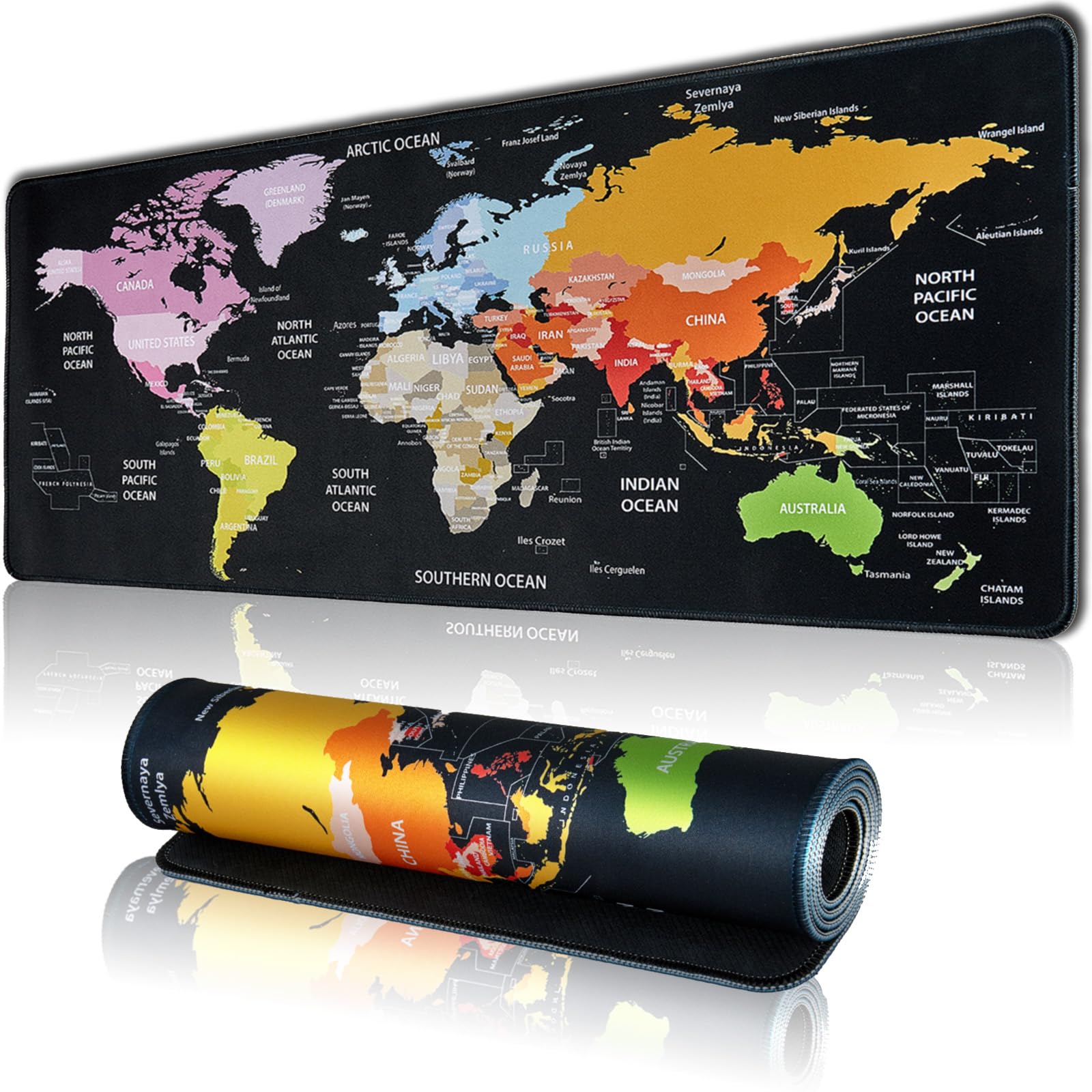 Hopipad World Map Large Gaming Mouse Pad For Desk, Desk Mat With Seamed Edges, Waterproof Desk Pad, Non-Slip Rubber Base, 31.5X1