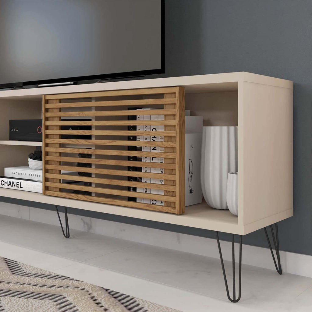 Woodpeckers Furniture And Mattress Frizz Mid-Century Modern TV Stand for 70 Inch TV (Beige - Brown)