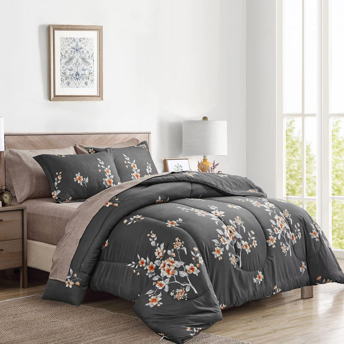 6 Pieces Bed In A Bag Twin Size, Dark Gray Floral Style, Soft Microfiber Reversible Bed Comforter Set For Kids (1 Comforter, 2 P