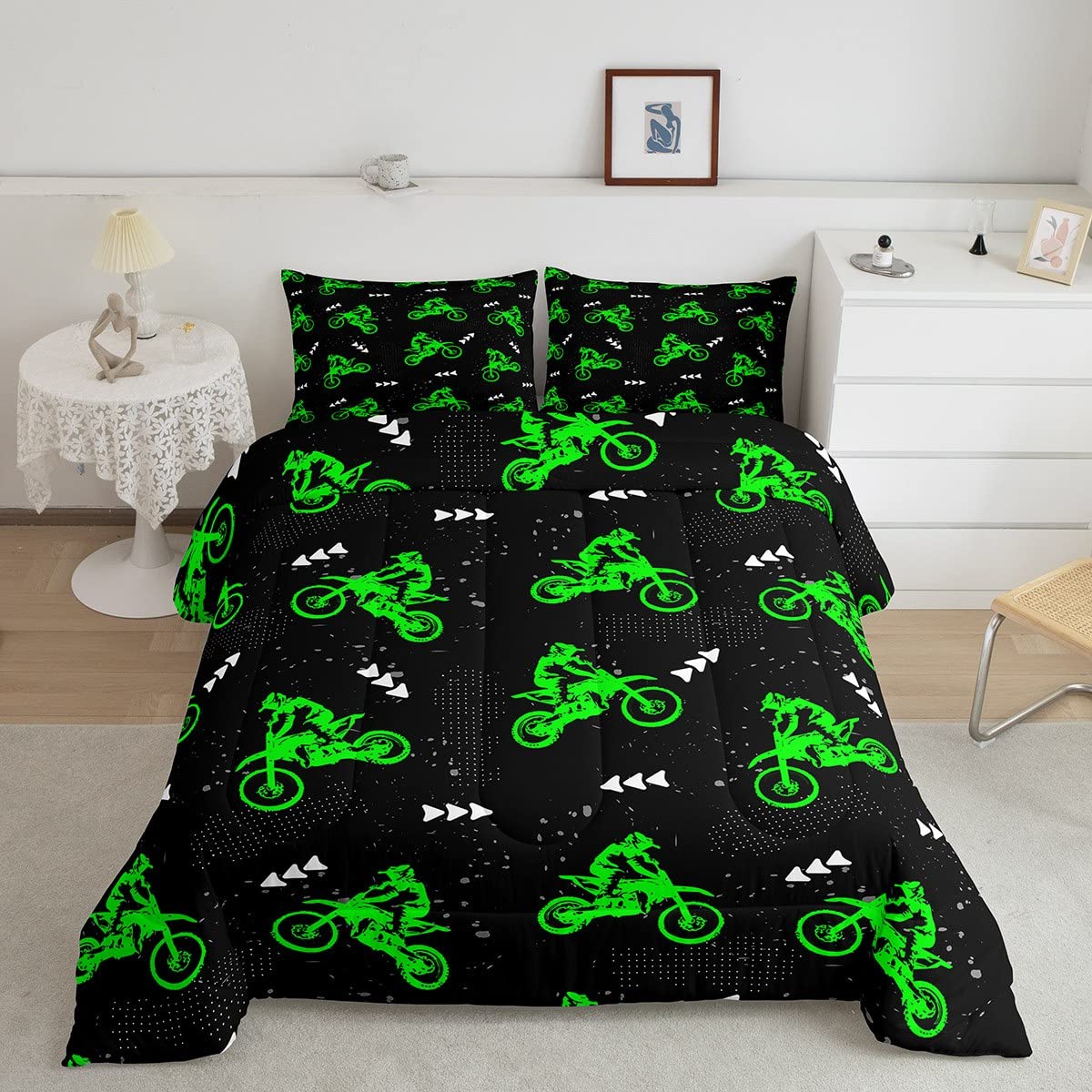 Feelyou Boys Dirt Bike Bedding Set Cool Sports Comforter Set for Kids Boys Motocross Rider Comforter Fluorescent Green Bike Quil