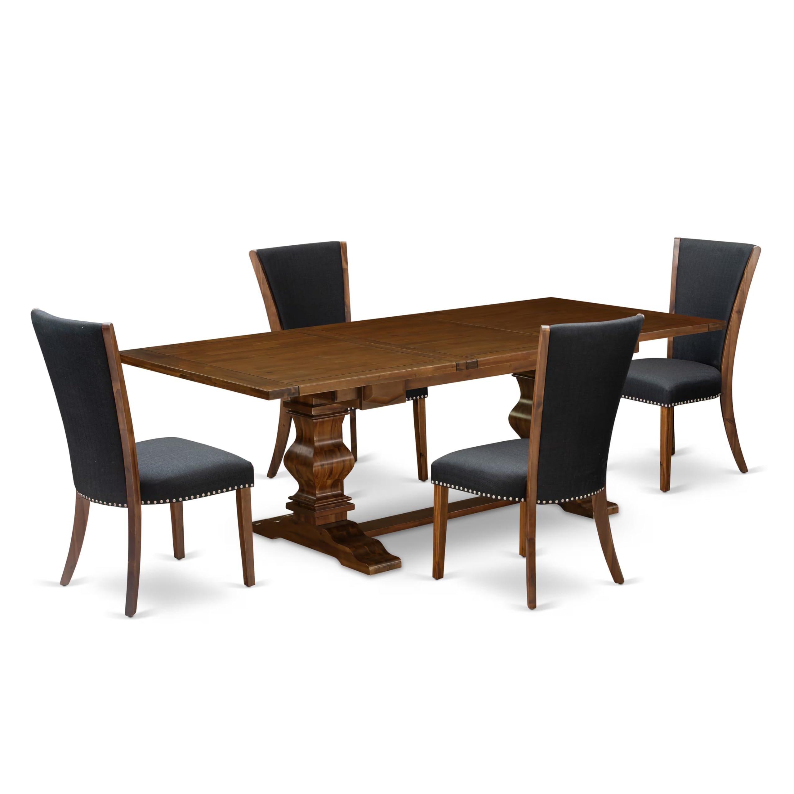 East West Furniture Lave5-88-24 5 Piece Kitchen Table Set For 4 Includes A Rectangle Dining Table With Removable Leaf And 4 Black Color Linen Fabric Parson Chairs, 42X92 Inch, Walnut