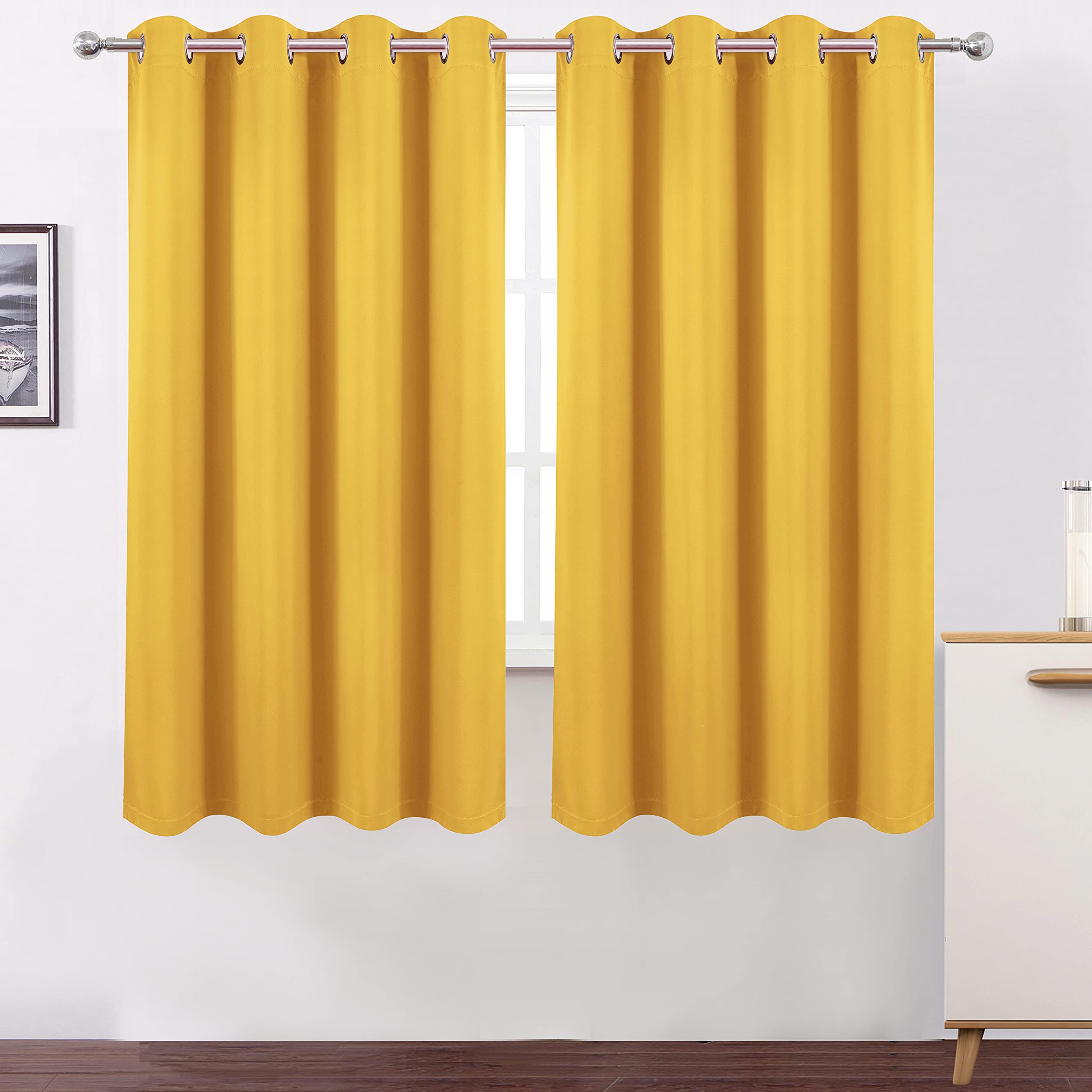 Lemomo 100% Blackout Curtains 52 X 72 Inch/Yellow Curtains 2 Panels With Black Lining Room Darkening Thermal Insulated Bedroom C
