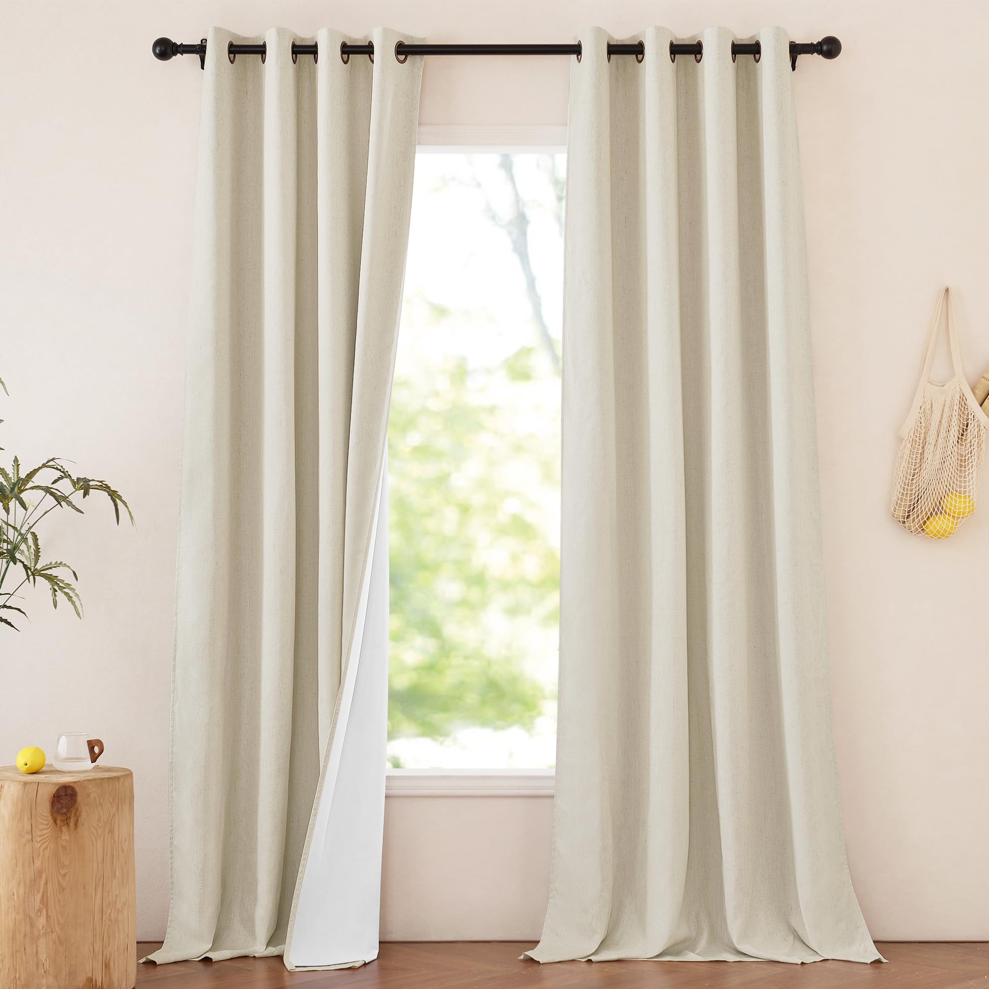 NICETOWN Thick Linen 100% Blackout Bedroom Curtains 108 inches Long, Bronze Grommet 2 Layers with White Liner Window Treatments 