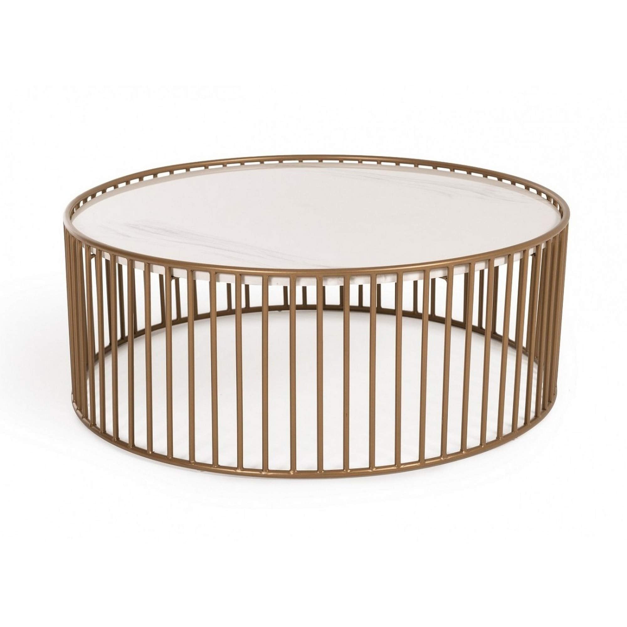 Benjara Round Slated Metal Coffee Table With Faux Marble Tray Top, Gold And White