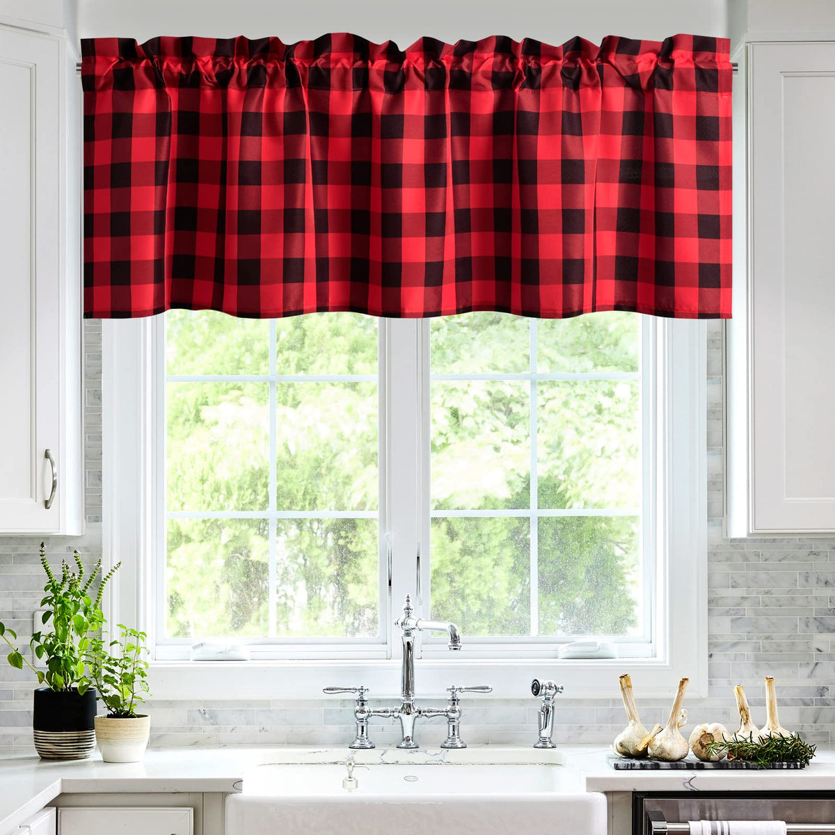 Hiasan Buffalo Plaid Curtains Valances For Windows - Christmas Semi Sheer Checkered Rod Pocket Valance For Living Room, Farmhous