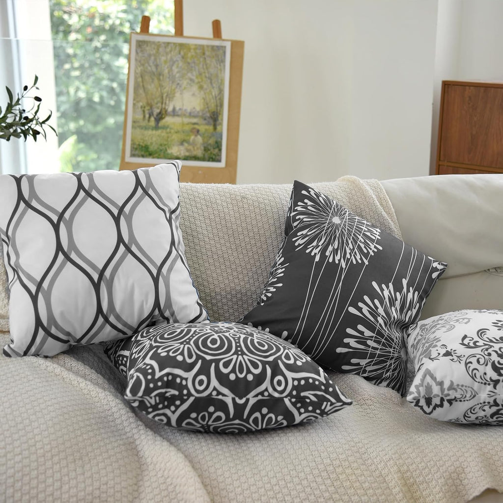 Decorative Throw Pillow Covers 16X16 Set Of 4, Dark Grey And White Modern Simple Square Pillow Case Cushion Cover For Sofa Couch