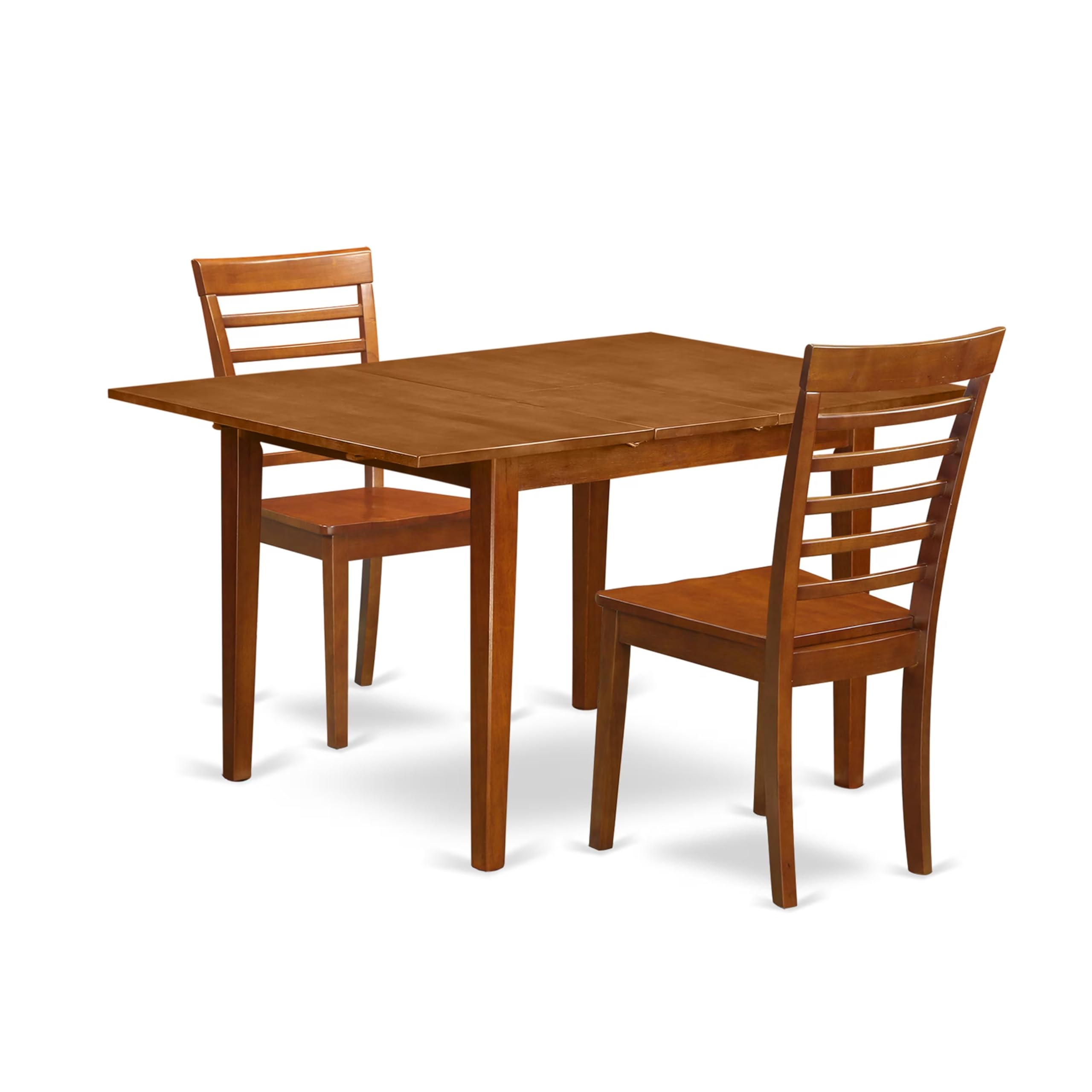 East West Furniture MILA3-SBR-W 3 Piece Dining Table Set for Small Spaces Contains a Rectangle Dining Room Table with Butterfly Leaf and 2 Wooden Seat Chairs, 36x54 Inch, Saddle Brown