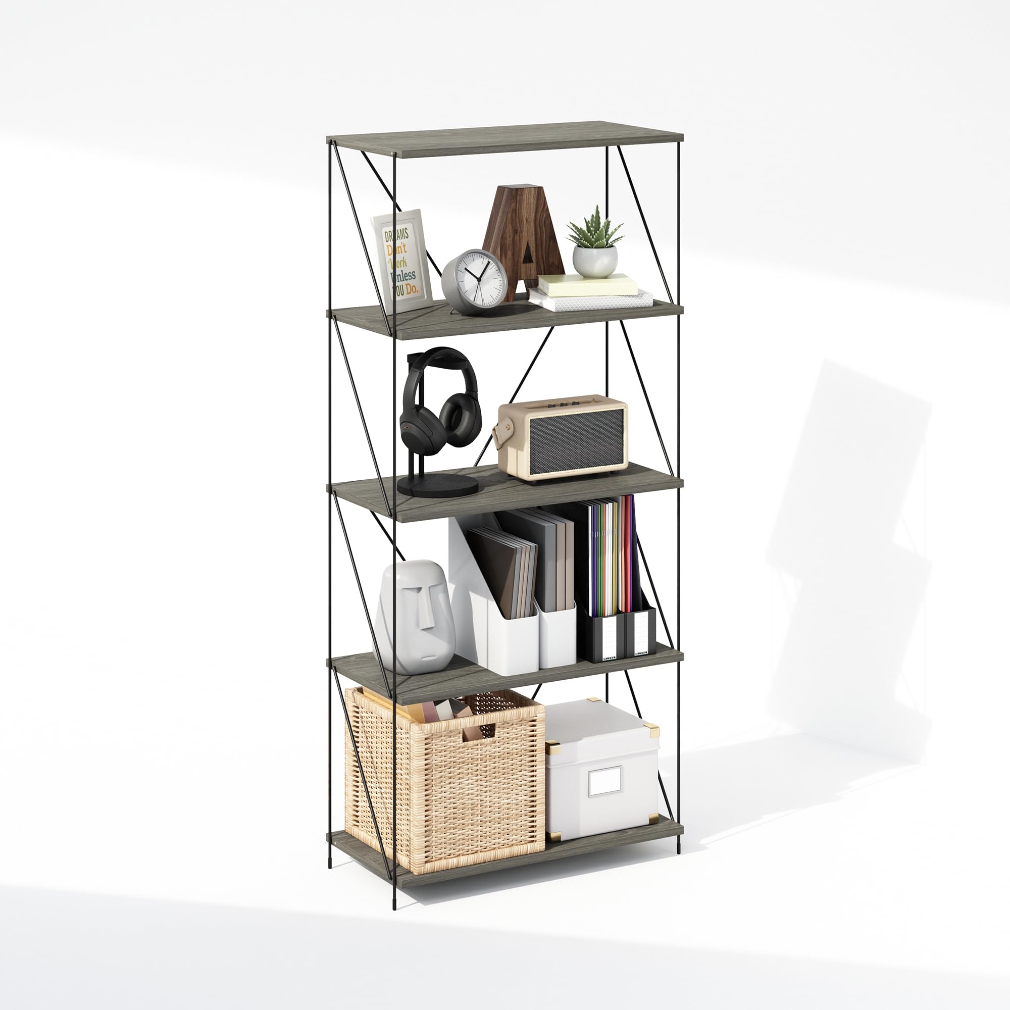 Furinno Wire 5-Tier Industrial Style Metal Frame Bookcase, Display Shelf, 24 Wide, Finn Oak