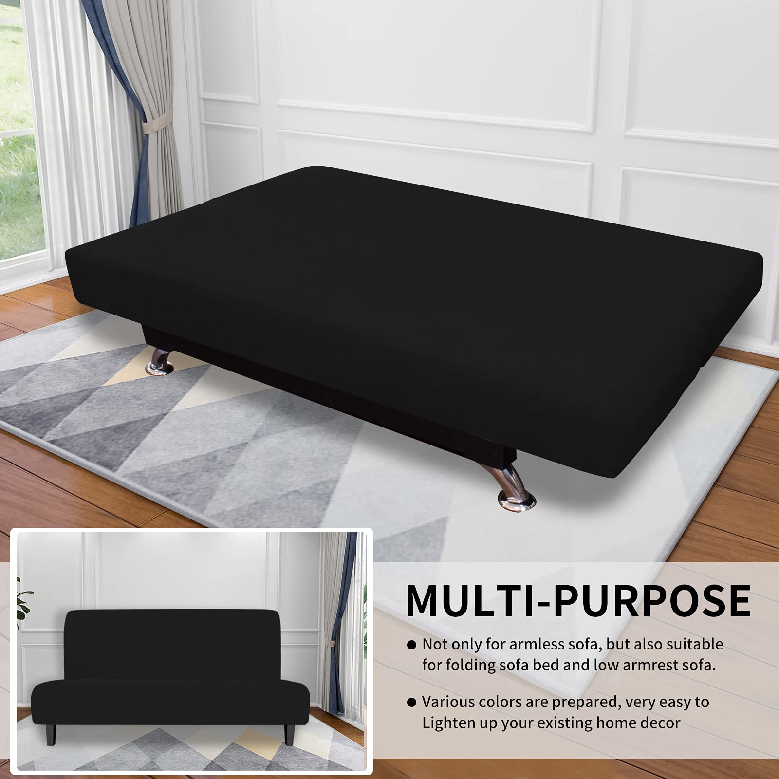 Easy-Going Stretch Futon Slipcover Armless Futon Bed Cover Furniture Protector Without Armrests With Elastic Bottom For Kids, Soft Jacquard Fabric Small Checks (Large, Black)