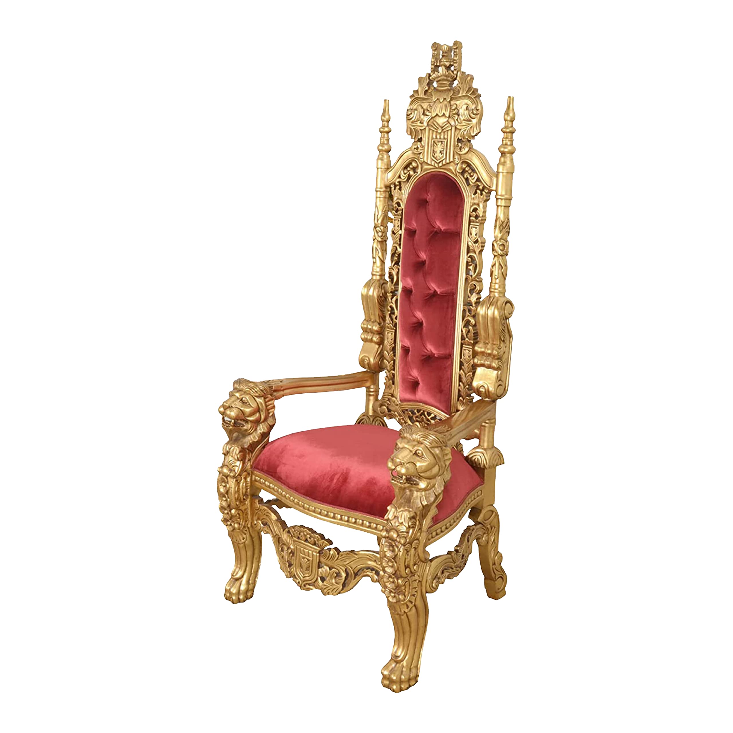 AFD Home King Chair, Accent Chair, Linen-Upholstered Table Chair, Mahogany Hand-Carved Chair, Antique Gold with Dark red Fabric