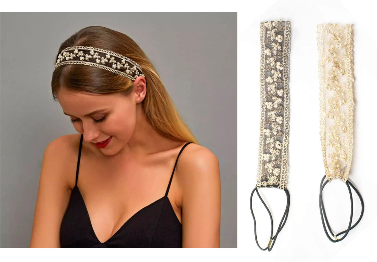 Nature Blossom 2 Pcs Lace Headbands for Women, Handmade Elegant Luxury Gold Embroidery & Pearl Decoration Elastic Hair Wear Woma