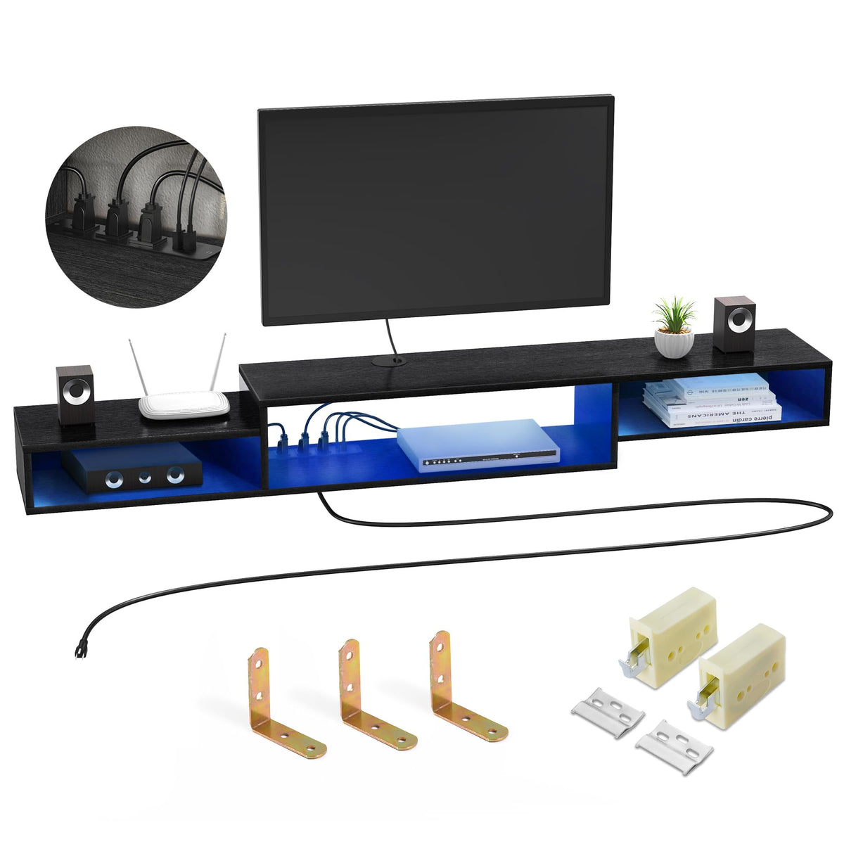 Fabato 71'' Floating Tv Stand With Led Light Power Outlet, Floating Shelf For Under Tv Wall Mount With Storage Shelf, Media Console Entertainment Center For Living Room, Black