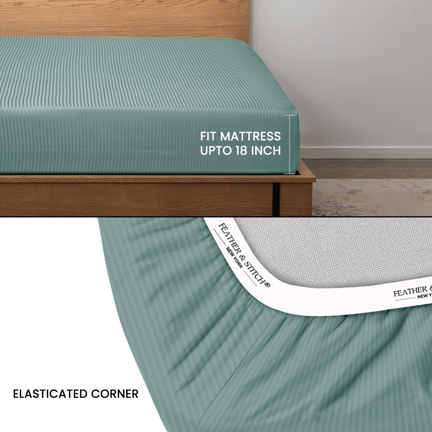 Feather & Stitch New York 1 Piece Fitted Sheet California King Size, 100% Cotton 18 Inch Extra Deep Pocket, 500 Thread Count Premium Sateen Weave, Elastic Fit Mattress Stretchable - Granite Green