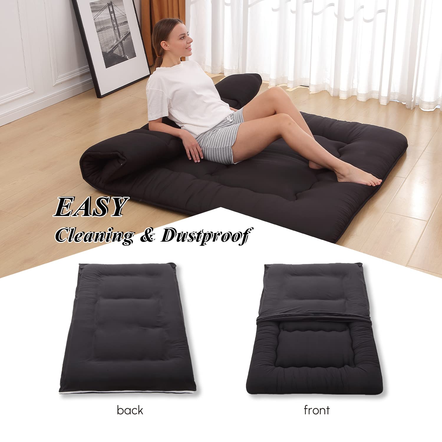 Xicikin Japanese Floor Mattress, Japanese Futon Mattress Foldable Mattress, Roll Up Mattress Tatami Mat With Washable Cover, Easy To Store And Portable For Camping, Black, Twin Full Queen…