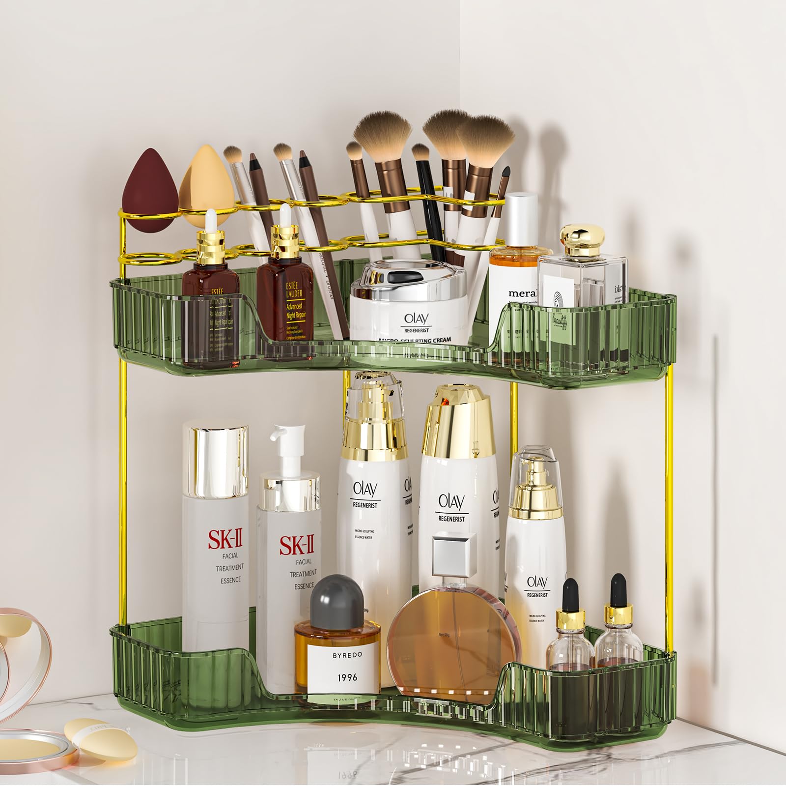 SUNZOS Bathroom Counter Organizer, Corner Makeup Organizer with Makeup Brush Holder, Vanity Makeup Cosmetic Storage, Countertop 