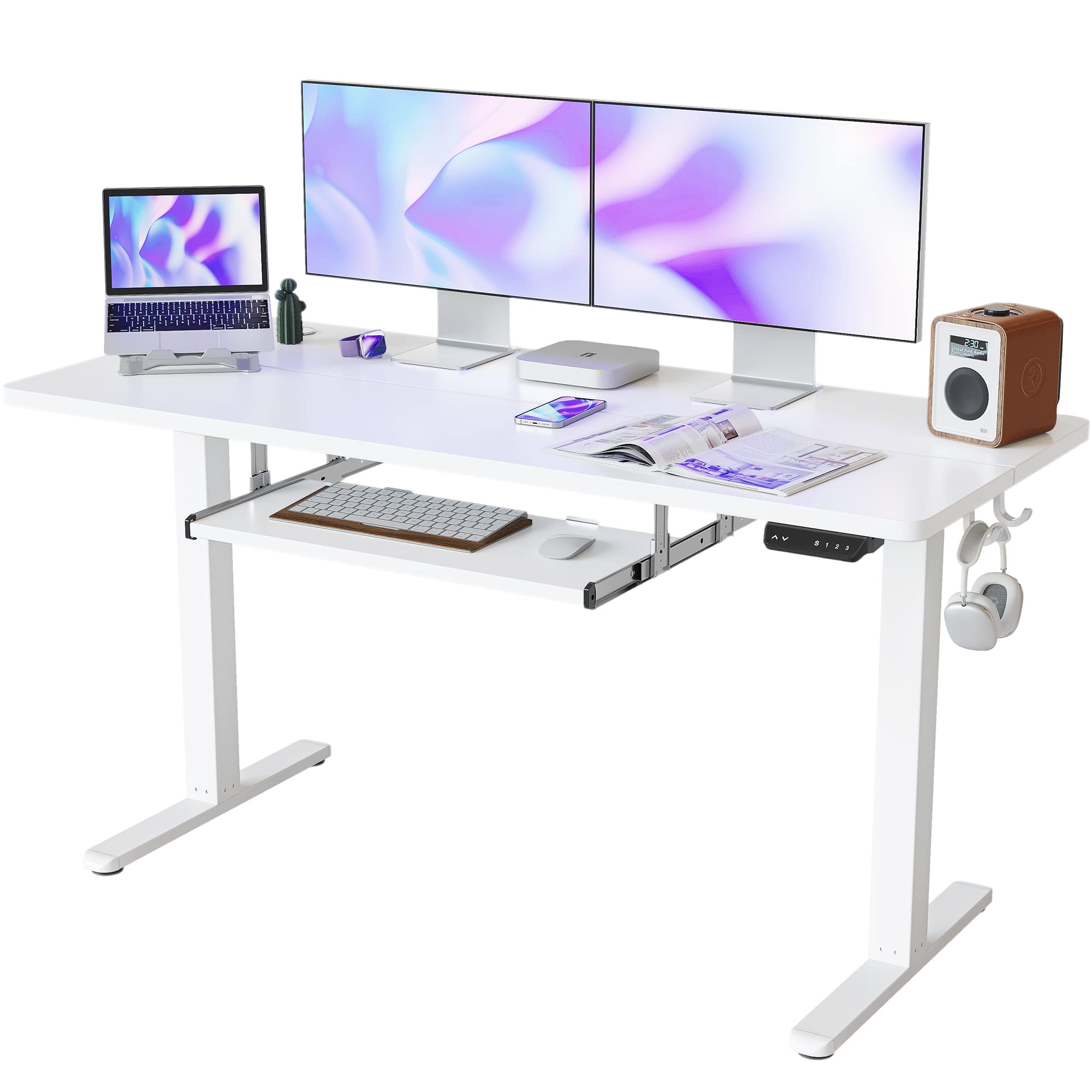 Fezibo Standing Desk With Keyboard Tray, 55 × 24 Inches Electric Height Adjustable Desk, Sit Stand Up Desk, Computer Office Desk, White
