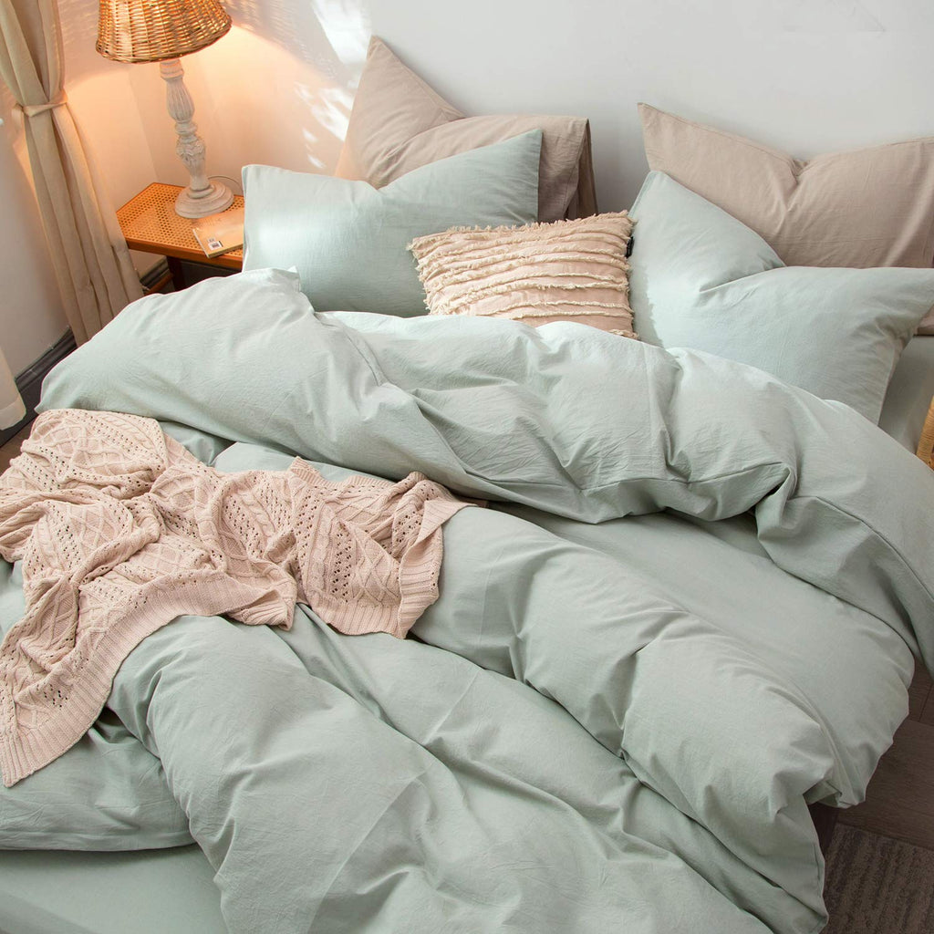 Moomee Bedding Duvet Cover Set 100% Washed Cotton Linen Like Textured Breathable Durable Soft Comfy (Sage Green, King)