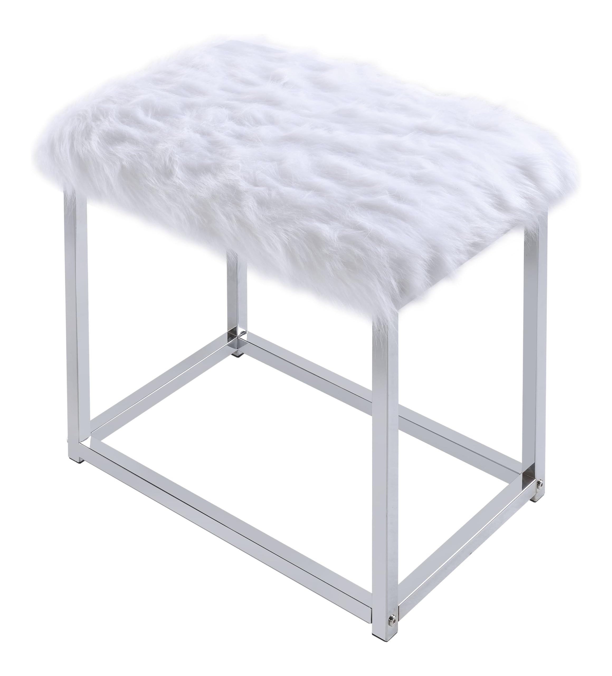 Acme Adao Vanity Mirror & Stool in Faux Fur Mirror White & Chrome Finish
