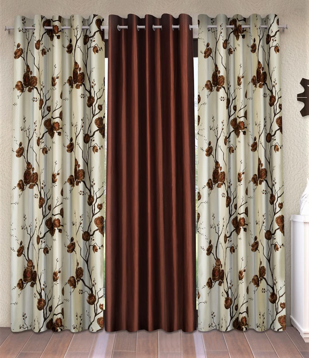 Fashion String 3 Piece 3D Tulips Eyelet Polyester Long Door Curtains  9 Feet, Brown