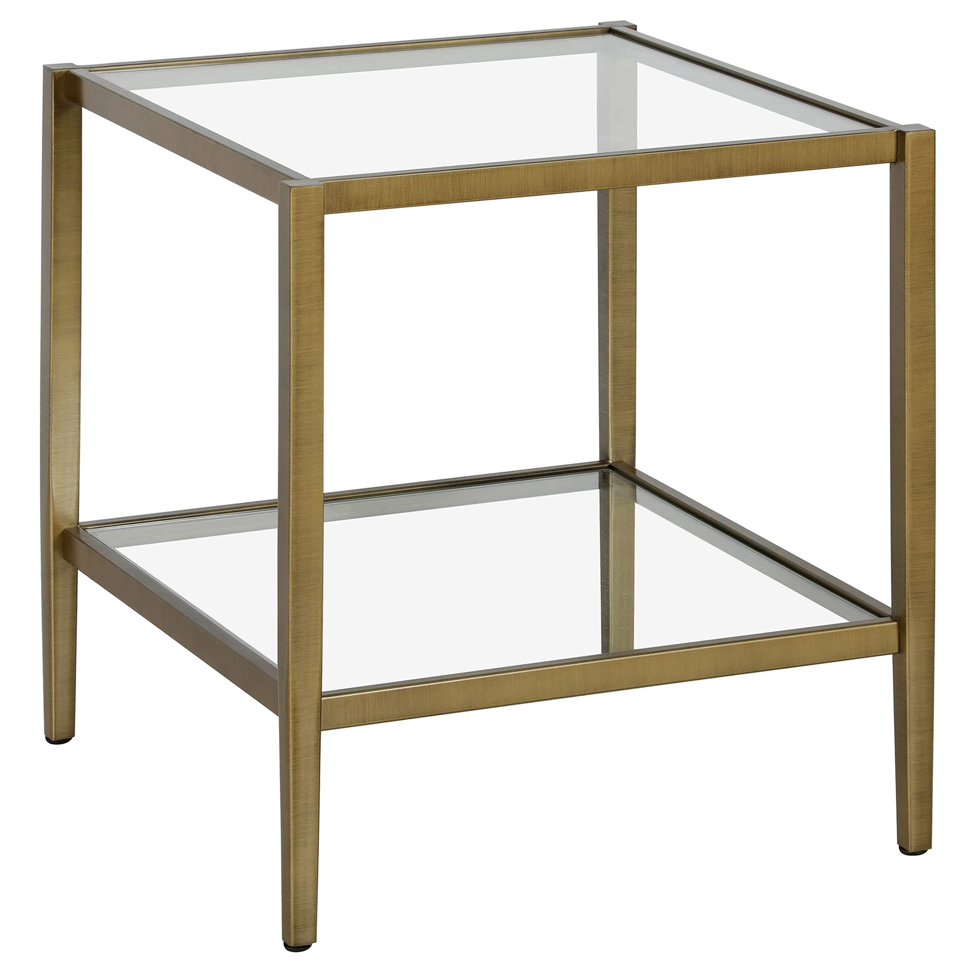 Henn&Hart 20 Wide Square Side Table with Glass Shelf in Antique Brass, Table for Living Room, Bedroom