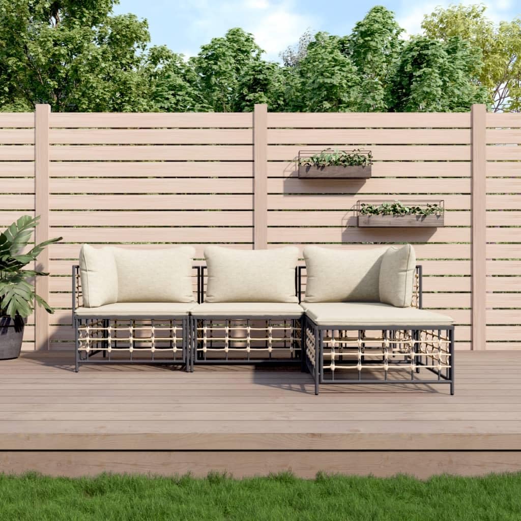 vidaXL Patio Furniture Set 4 Piece, Outdoor Sectional Sofa with Cushions, Wicker Furniture Set for Porch Lawn Garden Backyard, Anthracite Poly Rattan