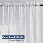 Finecity White Lace Curtains 108 Inch Long, Vintage Country Floral Sheer Lace Curtains For Bedroom, Rod Pocket Privacy Scalloped