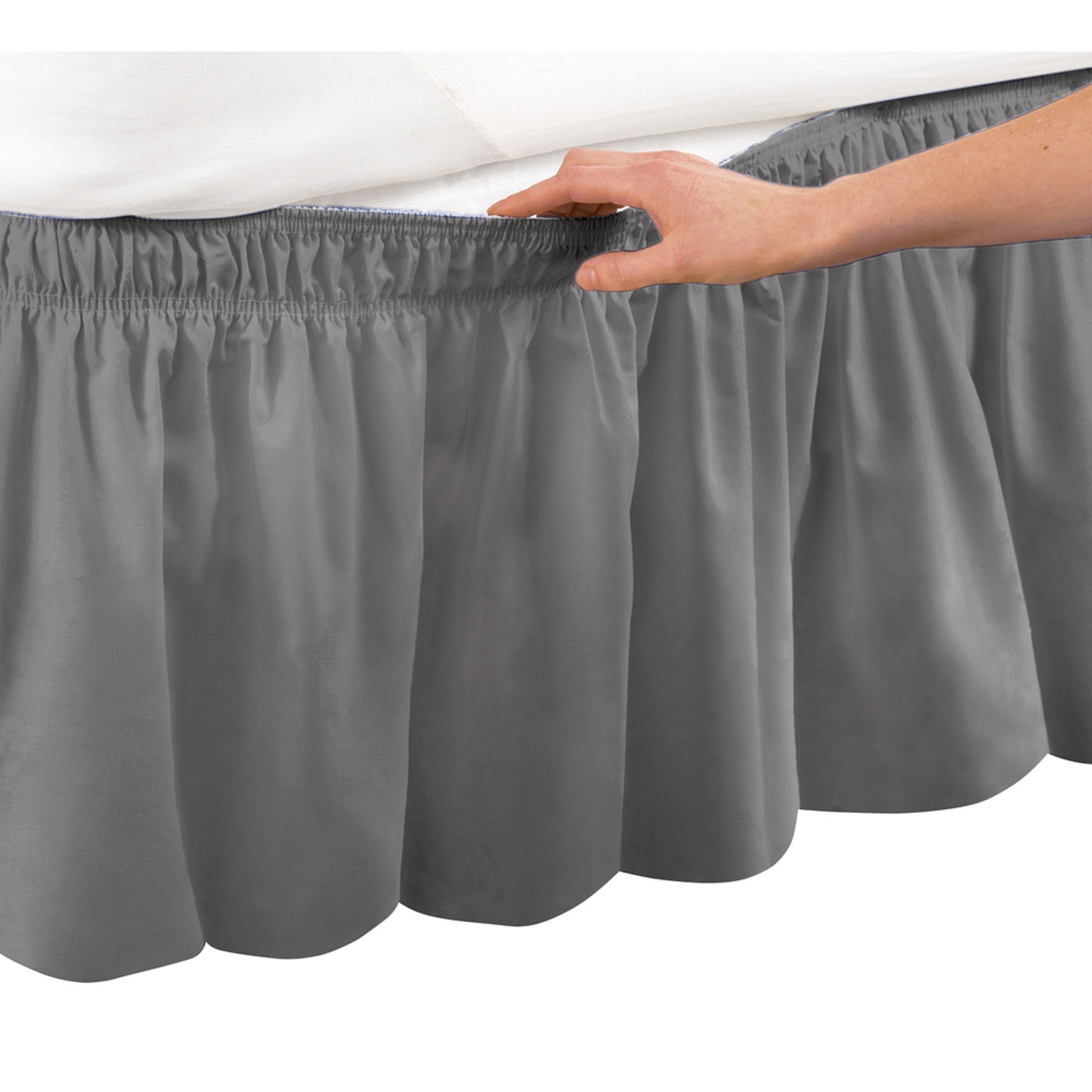 Collections Etc Wrap Around Bed Skirt, Easy Fit Elastic Dust Ruffle, Grey, Queen/King