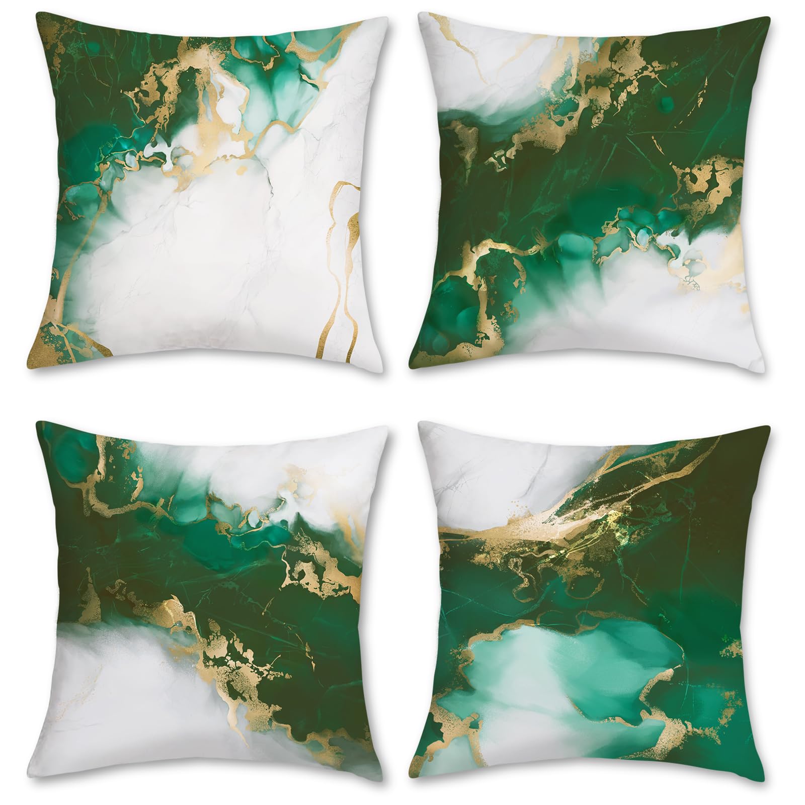 Bonhause Emerald Green Marble Throw Pillow Covers 18 X 18 Inch Both Sides Green And Gold Modern Abstract Decorative Pillows Soft