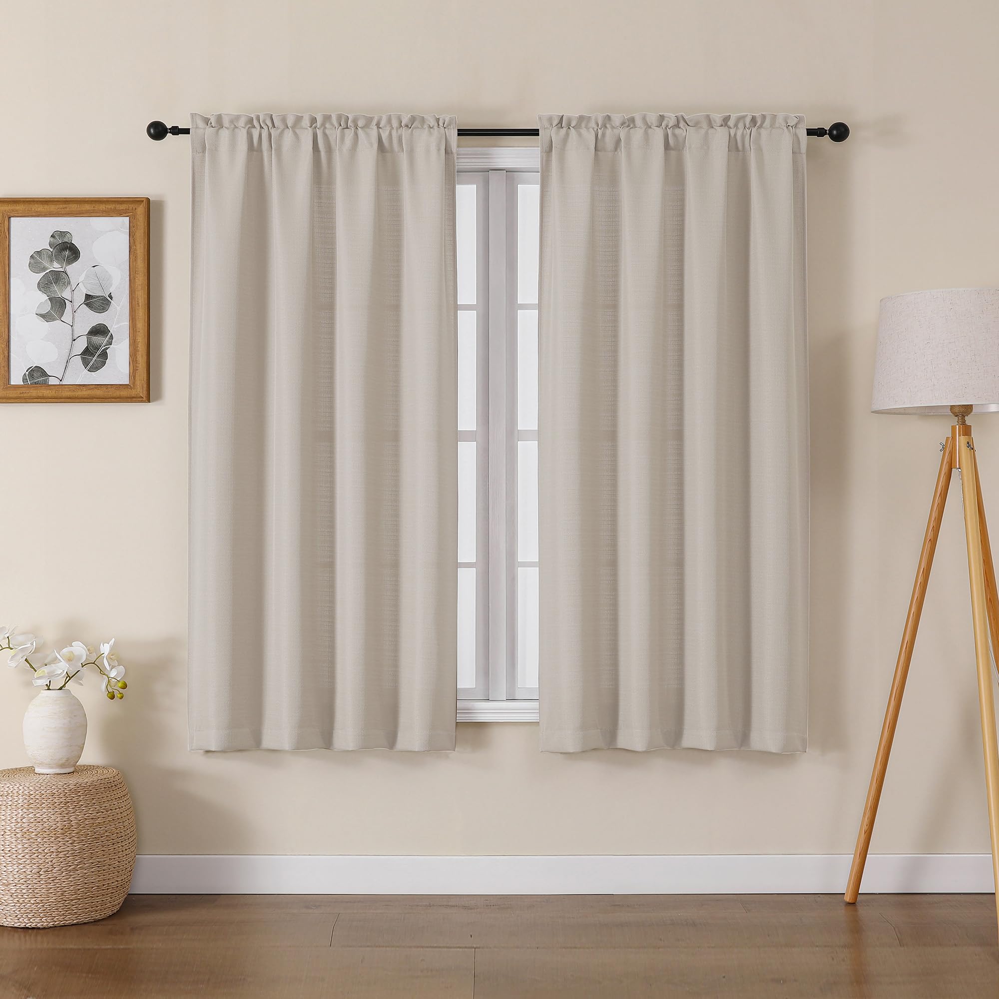 Lecloud Bessie Khaki Curtains 54 Inch Length 2 Panels Set, Light Filtering Curtains Faux Linen Textured Drapes for Bedroom Livin